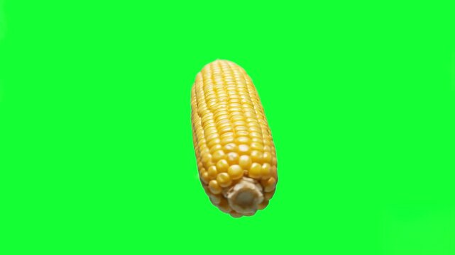 A peeled ear of yellow corn (maize) floating and spinning in the air. This realistic 3D animation is isolated on a chroma key green background, ideal for agricultural or cooking-themed videos.