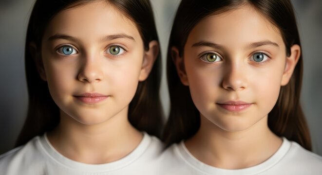 Young twin girls display unique heterochromia with distinct blue and green eyes while posing for a portrait.