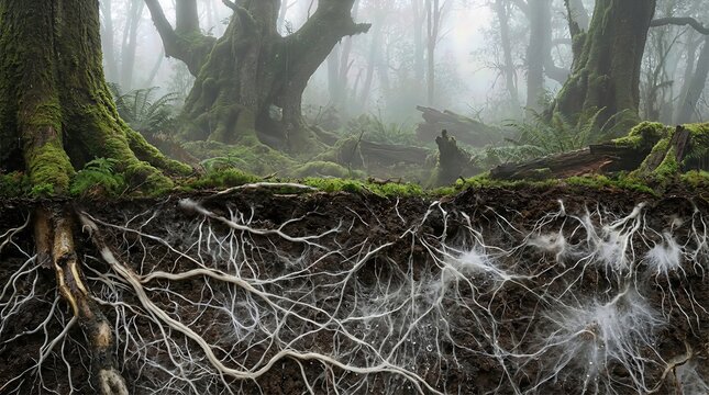 Subterranean mycorrhizal network, vital fungal mycelium, interconnected tree roots, lush woodland ground, foggy forest ecosystem, hidden life support system