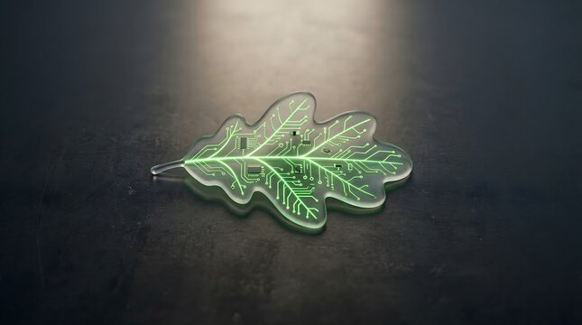 Translucent leaf with glowing circuit board pattern, Earth Day