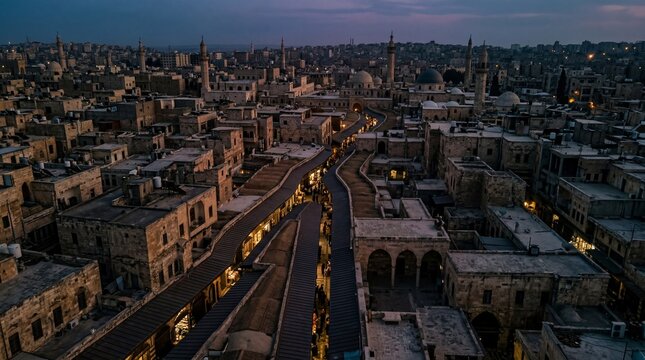 Aerial view of Aleppo city at dusk with illuminated ancient stone souk