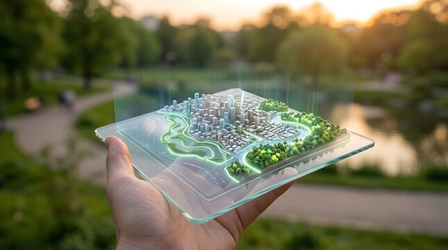 Hand holding holographic futuristic city model, Earth Day