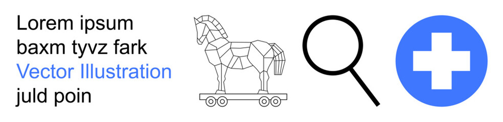 Fototapeta premium Cybersecurity, data protection, online threats, digital analysis, healthcare security, fraud detection. Trojan horse, magnifying glass medical cross. Cybersecurity and healthcare security concepts