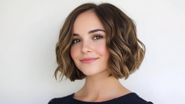 Stylish natural lob hairstyle showcase indoor setting portrait photography bright background close-up hair care concept