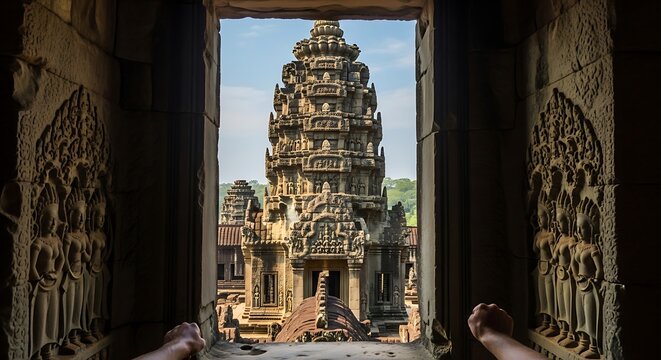 Ancient Temple View Through Stone Archway.