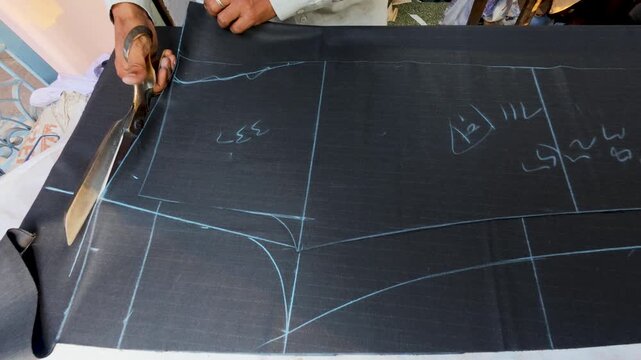 Professional tailor cutting fabric with shears Indian workshop 4k video footage.