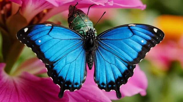 Butterfly emerging from chrysalis on pink flower