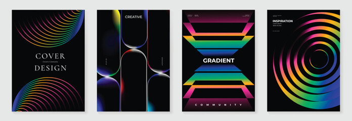 Abstract gradient poster background vector set. Minimalist style cover template with vibrant perspective 3d geometric prism shapes collection. Ideal design for social media, cover, banner, flyer. © TWINS DESIGN STUDIO