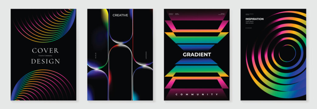 Abstract gradient poster background vector set. Minimalist style cover template with vibrant perspective 3d geometric prism shapes collection. Ideal design for social media, cover, banner, flyer.