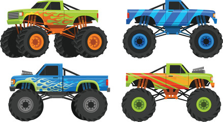 Monster Truck Illustration Set with Off Road Vehicles, Big Tires, Flame Graphics, and Colorful Extreme Racing Designs for Automotive CollectionMonster Truck Illustration Set with Off Road Vehicles, Bi © Yousuf