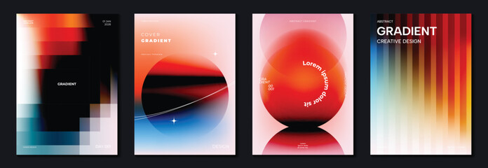 Naklejka na ściany i meble Abstract gradient poster background vector set. Minimalist style cover template with vibrant perspective 3d geometric prism shapes collection. Ideal design for social media, cover, banner, flyer.