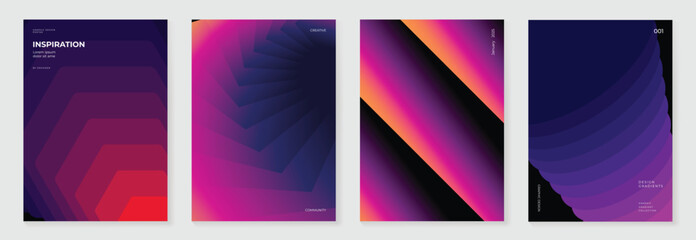 Naklejka na ściany i meble Abstract gradient poster background vector set. Minimalist style cover template with vibrant perspective 3d geometric prism shapes collection. Ideal design for social media, cover, banner, flyer.