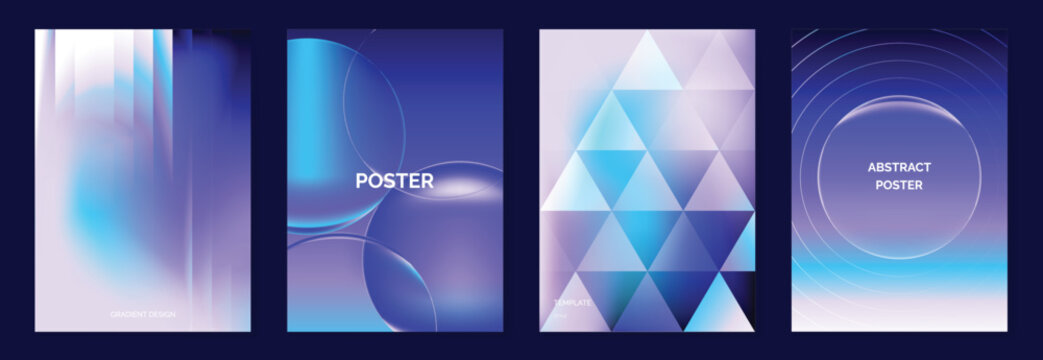 Abstract gradient poster background vector set. Minimalist style cover template with vibrant perspective 3d geometric prism shapes collection. Ideal design for social media, cover, banner, flyer.