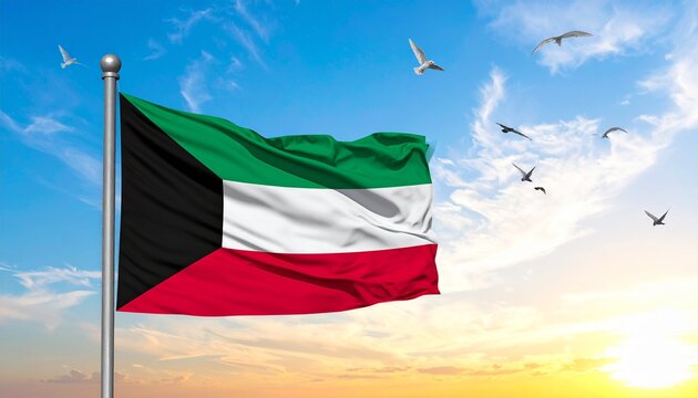 Waving flag KUWAIT republic isolated on blue sky background. Patriotism country photo concept 