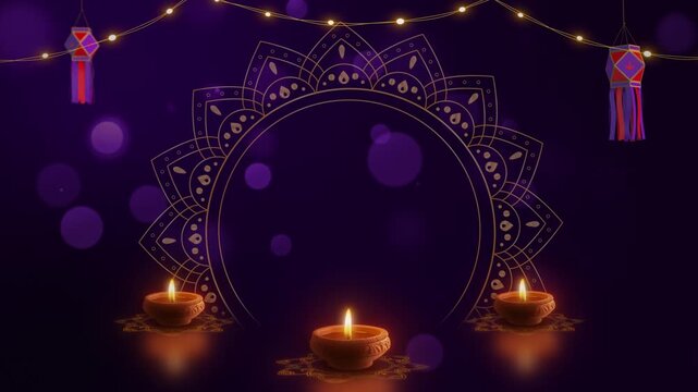 Festive Diwali Diyas with Kandil Lantern and Rangoli Mandala