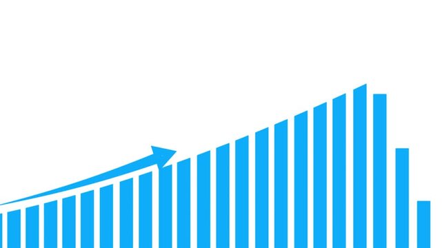Blue Upward Trend Arrow Over Bar Chart on White Background graph data