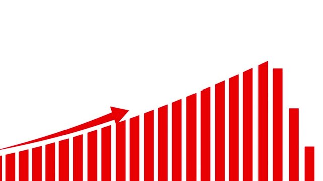 Red bar graph with downward trend and arrow on white background chart data