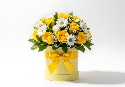 Beautiful bouquet of yellow roses and white daisies in cream hat box with yellow ribbon