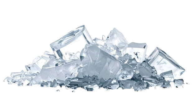 Transparent pile of various sized ice cubes, illuminated with subtle light