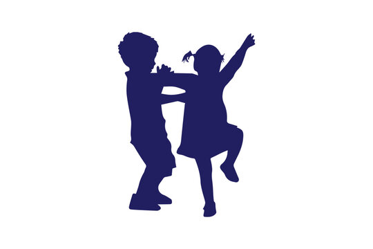 Happy Boy and Girl Playing Silhouette Vector Illustration.