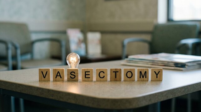 Vasectomy message appears on wooden letter blocks across a desk in a medical office, with a softly lit bulb and blurred clinical background emphasizing male contraception and procedure awareness.