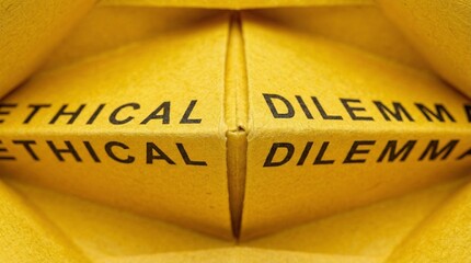 Ethical and dilemma words printed across folded paper forms create a repeating yellow pattern that directly illustrates moral conflict, choice, and tension in a bold abstract layout.