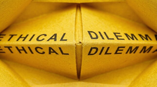 Ethical and dilemma words printed across folded paper forms create a repeating yellow pattern that directly illustrates moral conflict, choice, and tension in a bold abstract layout.