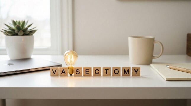 Vasectomy letter blocks stand on a bright windowsill beside a small potted succulent and a neutral cup, creating a calm clinic themed still life with soft daylight and clean copy space.
