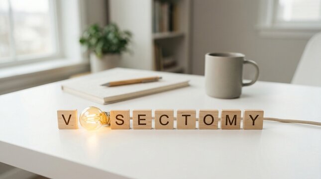 Vasectomy word spelled with wooden blocks beside a contraceptive device on a white table in a clinical interior, presenting a clear healthcare concept about male sterilization.