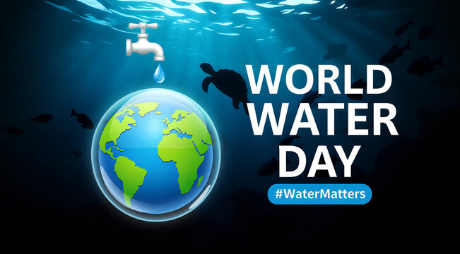 World water day celebration with globe and faucet underwater scene highlighting conservation awareness