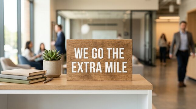 Motivational desk sign reading we go the extra mile is centered on a white reception counter in a bright contemporary office, with books and softly defocused staff moving through the space.