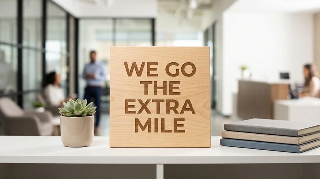 Wooden block sign stating we go the extra mile stands on a reception counter in a modern office lobby, with blurred coworkers, stacked books, and a small potted succulent in the background.