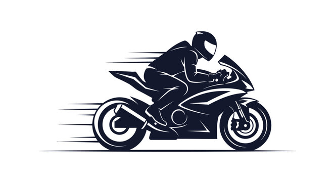 Retro sport motorcycle racing silhouette vector, black and white superbike rider speeding with motion lines. Street bike racer icon, motorsport logo graphic for posters, decals