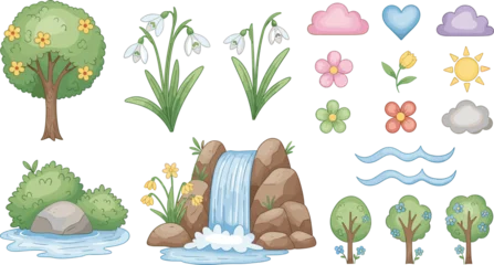 Glasschilderij Kinderkamer Spring Nature Illustration Set with Trees, Flowers, Waterfall, Clouds, Sun, and Landscape Elements for Seasonal Outdoor Design Collection  © Yousuf