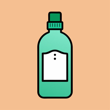 Green mouthwash bottle with white label sits on peach background.