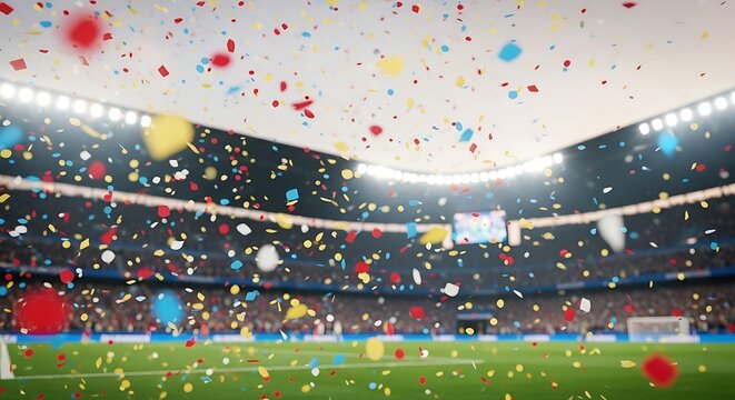 Confetti fills the air in a sports stadium FIFA World Cup 2026, World Cup, World Cup 2026 with Soccer Ball, Vibrant Stadium, International Flags, Global Football Celebration