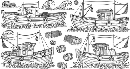 Vintage Fishing Boat Line Art Illustration Set with Wooden Ships, Sea Waves, Nets, Barrels, and Maritime Elements for Nautical Design © Yousuf