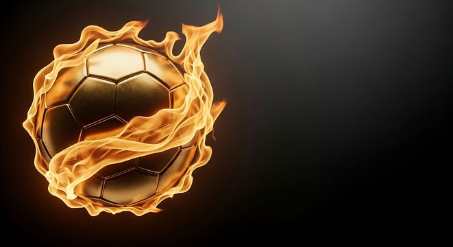 A soccer ball engulfed in golden flames on a dark background FIFA World Cup 2026, World Cup, World Cup 2026 with Soccer Ball, Vibrant Stadium, International Flags, Global Football Celebration