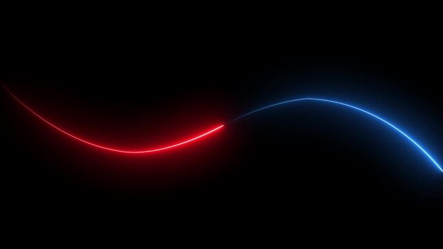 Wavy neon line split into blue and red sections on black background light glow