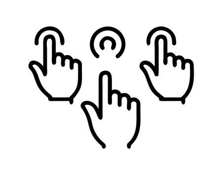 Three hand icons pointing with index fingers and circular motion lines isolated on transparent background