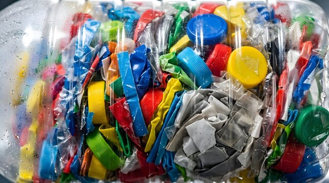 Close-up of Ecobrick Packed with Compressed Colorful Recycled Plastic Waste and Bottle Caps