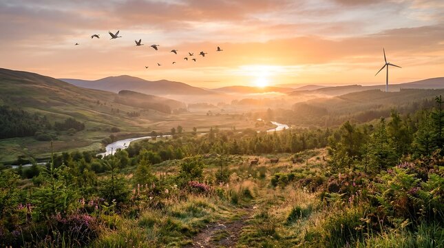Landscape with wind turbine, birds, deer and river at sunset, Earth Day