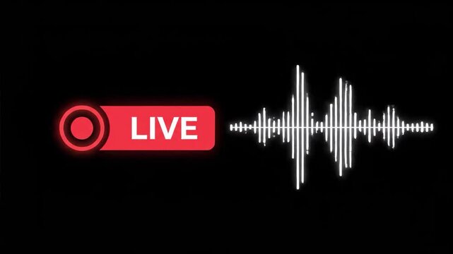 A live audio signal with a glowing red live indicator on a dark background, conveying a sense of real-time broadcast or podcasting.
