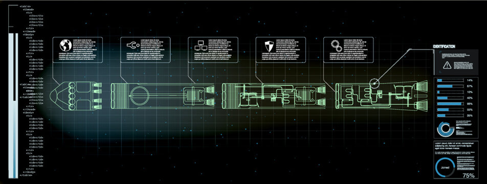 High tech digital display showing a detailed engineering blueprint with infographics data analysis. This futuristic user interface features glowing green blue elements on a dark grid background