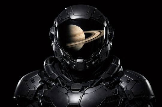 Sci fi astronaut wearing a black exoskeleton suit, the reflective visor showing planet Saturn and its rings, symbolizing space exploration and cosmic discovery