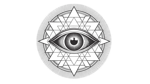 Intricate sacred geometry mandala with central symbolic eye, textured linework, dot shading, and symmetrical triangular elements