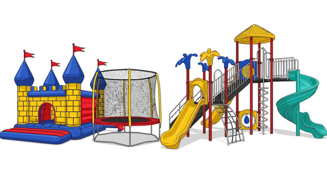 Colorful playground equipment vector illustration, outdoor play area with slides and climbing frame, inflatable bounce castle and trampoline, kids recreation park design