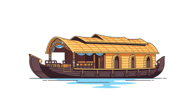 Vintage houseboat vector illustration, wooden floating home on river with roof deck and windows, retro riverboat barge icon in warm brown colors for travel, tourism branding