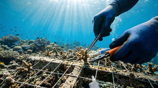Diver hands attaching coral fragment to underwater restoration structure, Earth Day