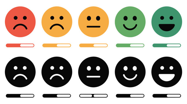 Colorful feedback faces with progress bars showing bad poor average good and excellent satisfaction levels, emoji rating scale for surveys, customer reviews, evaluation systems and user experience 